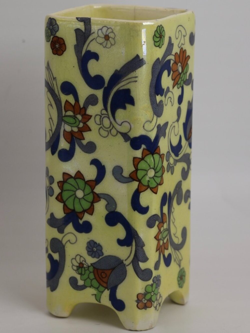 Czechoslovakian Vase | Hand-Painted Chinoiserie Floral Rectangular and footed